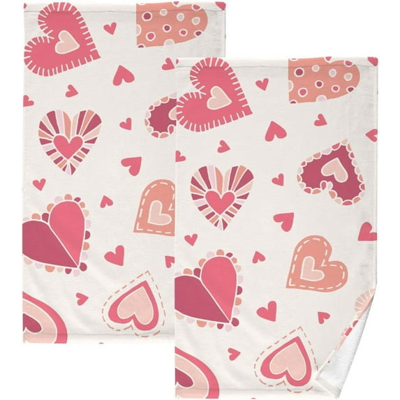 Coolnut 16x28 Inch Face Hand Towel Set, Valentine's Day Holiday Hand-Drawn Craft Doodle Colorful Hearts on Cream Background Cotton Towels, 2 PCS Quick-Dry Highly Absorbent Bath Towels