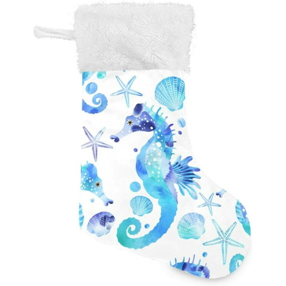 Coolnut 17.7 Inch Christmas Stockings, 1 PCS Watercolor Seahorse Blue Presonalized Large Stocking Sock for Family Holiday Xmas Party Decorations