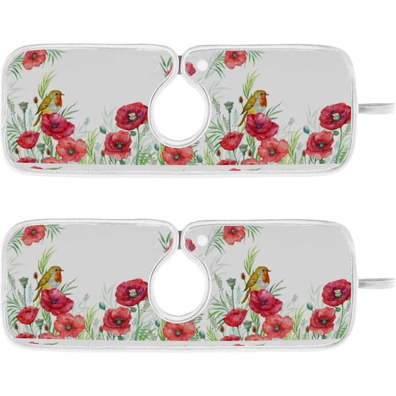 Coolnut 2 PCS Faucet Splash Catcher, Flower Red Poppy and Robin Bird Microfiber Cloth Kitchen Faucet Absorbent Mat Sink Splash Guard Faucet Mat Sink Water Absorbent Mat for Kitchen, 14"x5"