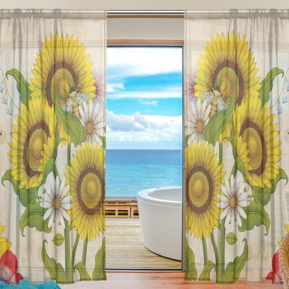 Coolnut 2 PCS Honey Bees and Wildflowers Sheer Gauze Door Curtains, 55"x84" Window Curtains Drapes for Living Room Kids Bedroom Window Treatment