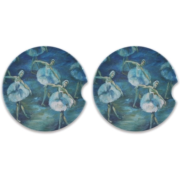 Coolnut 2 Pack 2.5 inch Car Coasters for Drinks Absorbent, Swan Lake Ballet Oil Painting Ceramic Car Cup Holder Coaster for Your Car with Fingertip Grip Home Decor