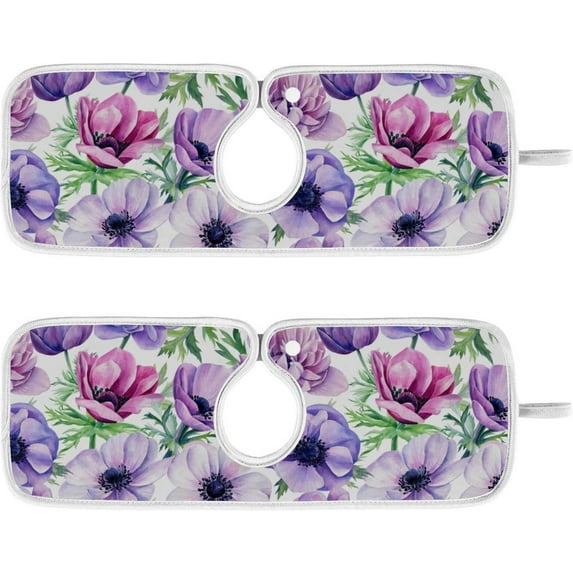 Coolnut 2 Pack Faucet Mat Splash Guard for Kitchen Sink, Purple Floral Flowers Faucet Handle Drip Catcher Tray Absorbent Mat Fast Dry Mat for Kitchen, Bathroom, 14"x5"