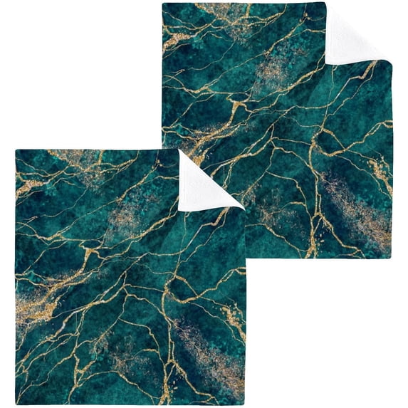 Coolnut 2 Pack Gold Green Marble Pure Cotton Washcloths 12 x 12 Inch Reusable Absorbent Soft Cotton Face Towels Fingertip Towels Set for Gym Towels,Hotel and Spa Wash cloth