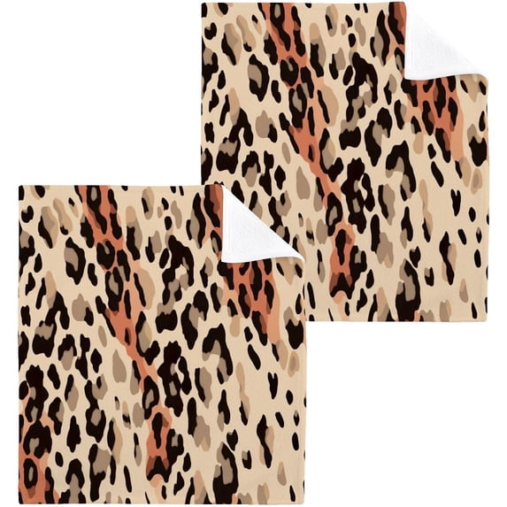 Coolnut 2 Pack Leopard Print Pure Cotton Washcloths 12 x 12 Inch Reusable Absorbent Soft Cotton Face Towels Fingertip Towels Set for Gym Towels,Hotel and Spa Wash cloth