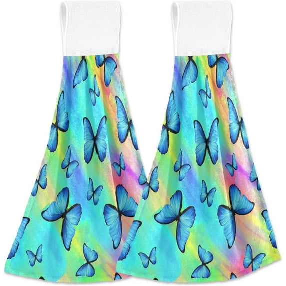 Coolnut 2 Pieces Colorful Elegant Butterfly Kitchen Towels with Hanging Loop, Soft Microfiber Absorbent Hanging Hand Towel for Kitchen Bathroom Mudroom Laundry Room, 12x17 in Washcloth Gift