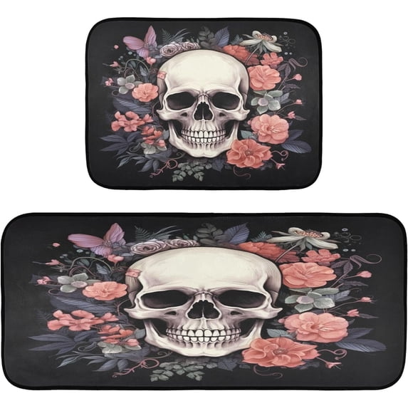 Coolnut 2 Pieces Skull Kitchen Rugs and Mats Set Absorbent Soft Kitchen Mats for Floor Non-Slip Kitchen Mat Doormat Set, 19.7"x47.2"+19.7"x27.6" Home Decor Gifts