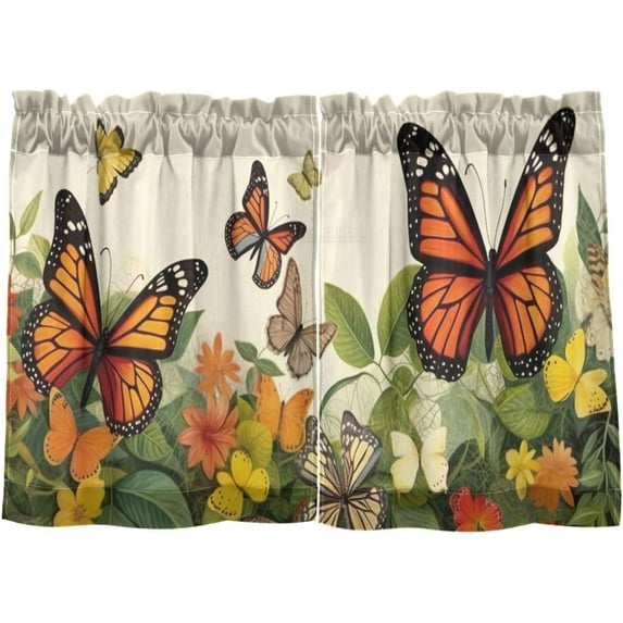 Coolnut 24 Inch Length Kitchen Curtains Flowers Butterflies 2 Panels Half Window Sheer Curtains Rod Pocket Farmhouse Short Drapes for Bathroom Cafe Basement Home Decor