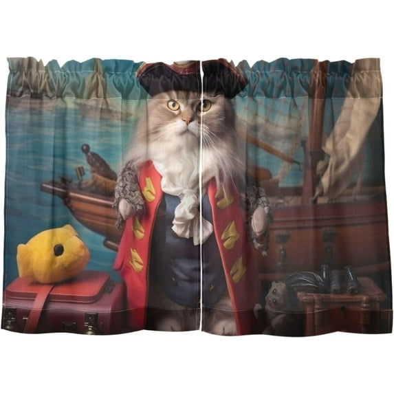 Coolnut 24 Inch Length Kitchen Curtains Pirate Captain Cat 2 Panels Half Window Sheer Curtains Rod Pocket Farmhouse Short Drapes for Bathroom Cafe Basement Home Decor
