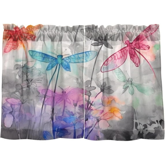 Coolnut 24 Inch Length Kitchen Curtains Watercolor Dragonflies 2 Panels Half Window Sheer Curtains Rod Pocket Farmhouse Short Drapes for Bathroom Cafe Basement Home Decor