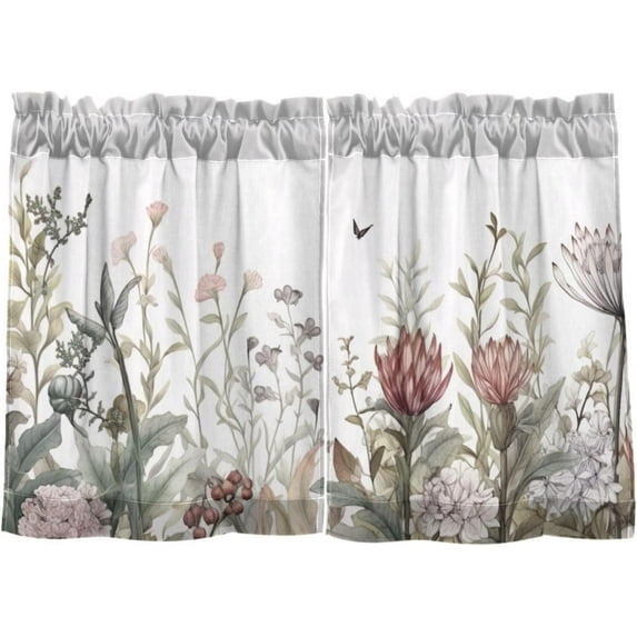 Coolnut 24 Inch Length Kitchen Curtains Watercolor Wildflowers 2 Panels Half Window Sheer Curtains Rod Pocket Farmhouse Short Drapes for Bathroom Cafe Basement Home Decor