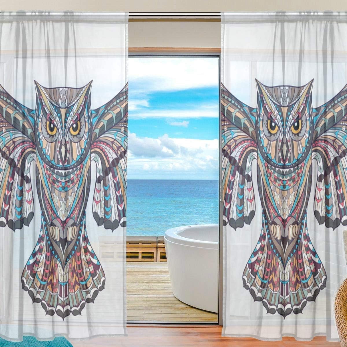 Coolnut 2PCS Sheer Curtains, 78"x55" Ethnic Owl Gauze Door and Window ...