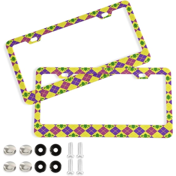 Coolnut 2Pcs License Plate Frames Mardi Gras Universal Aluminum License Plate Holder Cover Rust-Proof Car Tag Frame with Screw Caps Home Decor