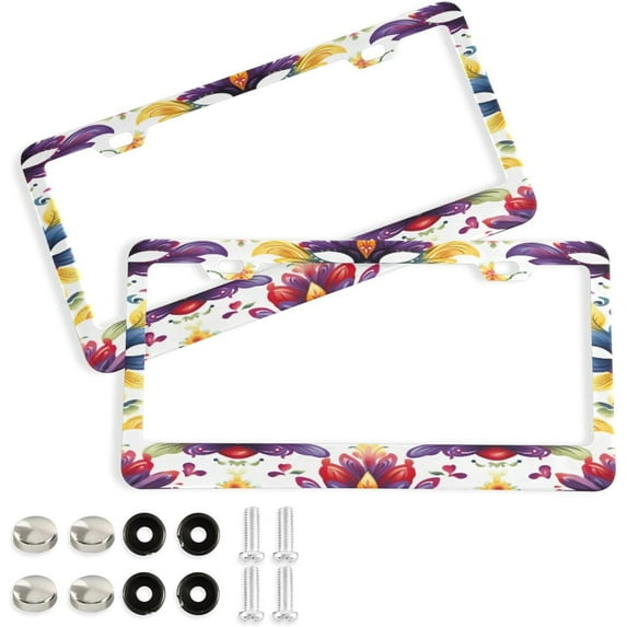 Coolnut 2Pcs License Plate Frames Mardi Gras Universal Aluminum License Plate Holder Cover Rust-Proof Car Tag Frame with Screw Caps Home Decor