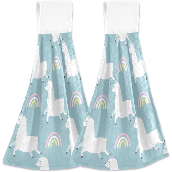 Coolnut 2pcs Hanging Kitchen Towels Cute Llama Alpaca Hand Bath Towels Dish Towels Soft Coral Velvet Tie Towel with Loop for Bathroom Washcloth Farmhouse, 18x14 Inch Washcloth Gift