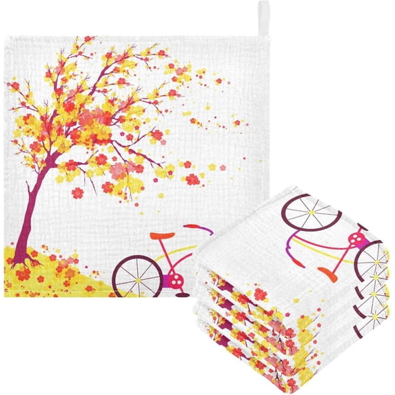 Coolnut 3 PCS Autumn Bike Baby Muslin Washcloths, Fall Maple Leaves Face Towel Burp Cloths Ultra Soft Absorbent Cotton Bath Wipes Towels for Newborn Boys Girls