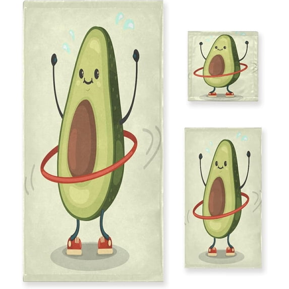 Coolnut 3 PCS Towel Avocado Turn Hula Hoop Cotton Bath Towel Set (1 Bath Towel, 1 Hand Towel, 1 Washcloth) for Bathroom, Super Soft and Quick Dry Towels