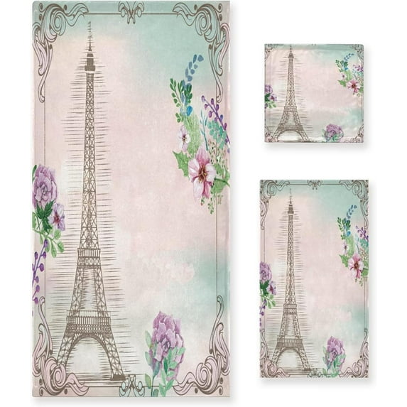 Coolnut 3 PCS Towel Beautiful Paris Eiffel Tower Flowers Cotton Bath Towel Set (1 Bath Towel, 1 Hand Towel, 1 Washcloth) for Bathroom, Super Soft and Quick Dry Towels