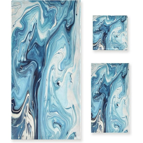 Coolnut 3 PCS Towel Blue Marble Texture Cotton Bath Towel Set (1 Bath Towel, 1 Hand Towel, 1 Washcloth) for Bathroom, Super Soft and Quick Dry Towels