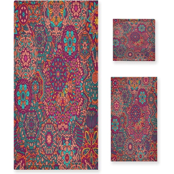 Coolnut 3 PCS Towel Bohemian Mandala Pattern Cotton Bath Towel Set (1 Bath Towel, 1 Hand Towel, 1 Washcloth) for Bathroom, Super Soft and Quick Dry Towels