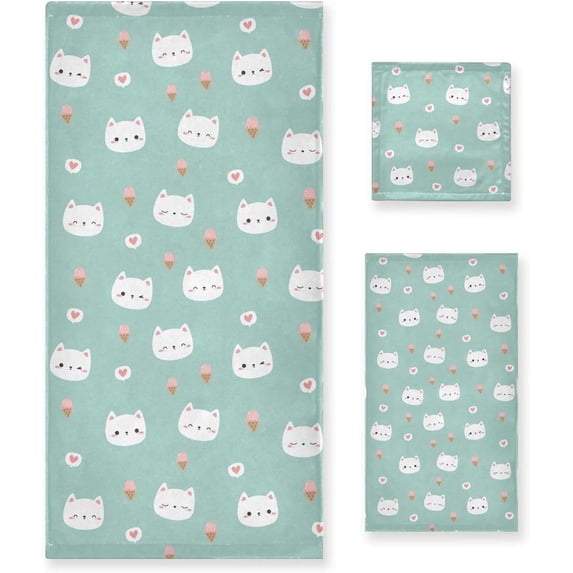 Coolnut 3 PCS Towel Cat Face with Ice Cream Cotton Bath Towel Set (1 Bath Towel, 1 Hand Towel, 1 Washcloth) for Bathroom, Super Soft and Quick Dry Towels