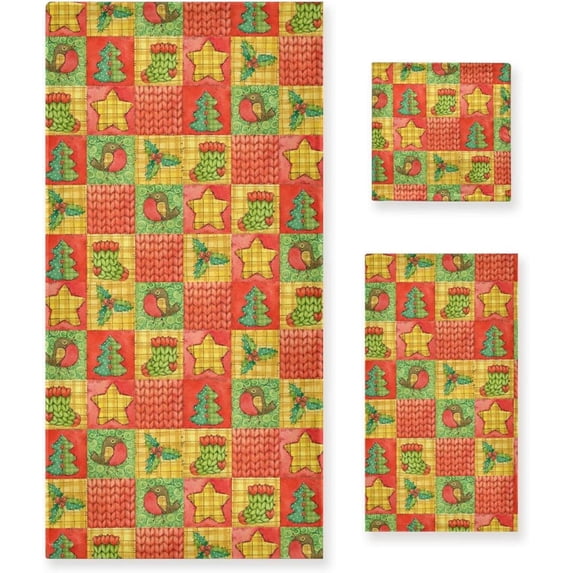 Coolnut 3 PCS Towel Christmas Pattern Cotton Bath Towel Set (1 Bath Towel, 1 Hand Towel, 1 Washcloth) for Bathroom, Super Soft and Quick Dry Towels