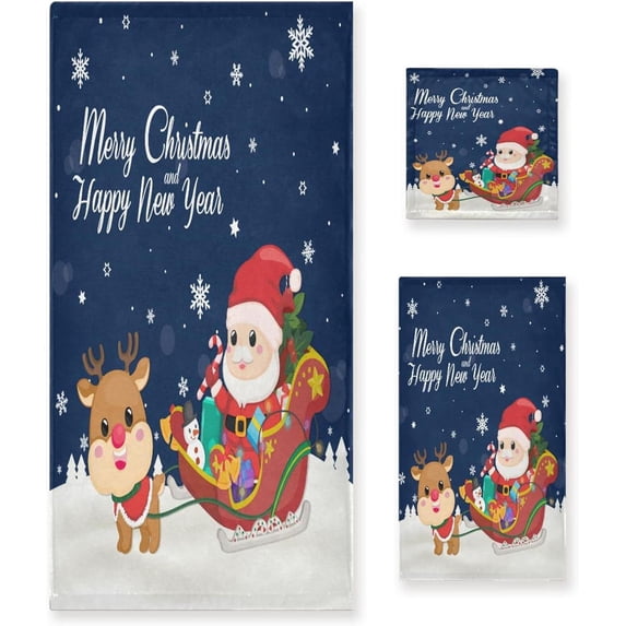 Coolnut 3 PCS Towel Christmas Pattern Cotton Bath Towel Set (1 Bath Towel, 1 Hand Towel, 1 Washcloth) for Bathroom, Super Soft and Quick Dry Towels