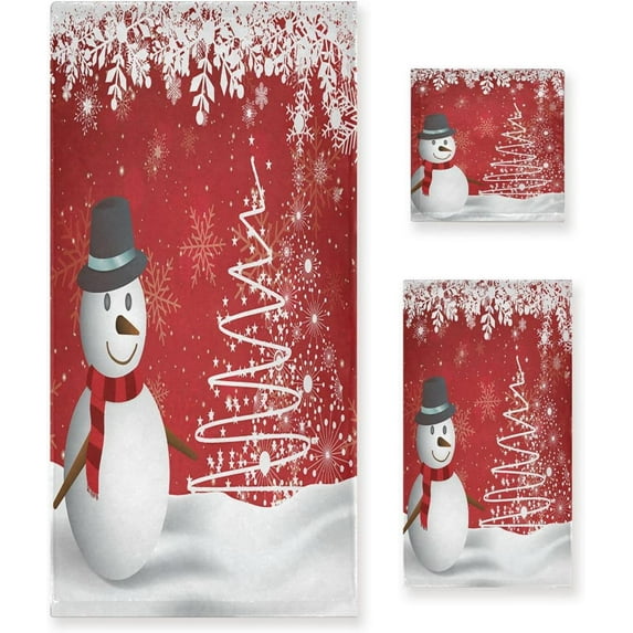 Coolnut 3 PCS Towel Christmas Snowman Cotton Bath Towel Set (1 Bath Towel, 1 Hand Towel, 1 Washcloth) for Bathroom, Super Soft and Quick Dry Towels