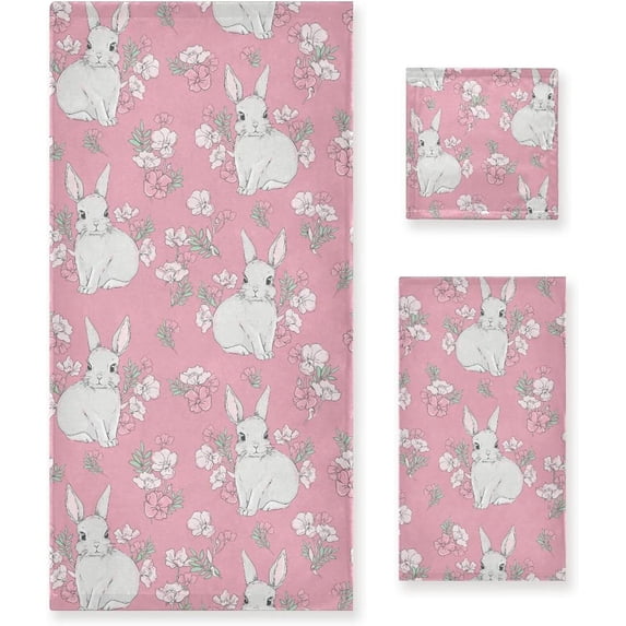 Coolnut 3 PCS Towel Cute Bunny Rabbit Cotton Bath Towel Set (1 Bath Towel, 1 Hand Towel, 1 Washcloth) for Bathroom, Super Soft and Quick Dry Towels