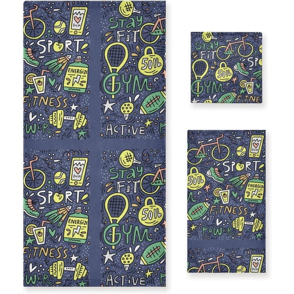 Coolnut 3 PCS Towel Cute Cartoon Sports Patterns Cotton Bath Towel Set (1 Bath Towel, 1 Hand Towel, 1 Washcloth) for Bathroom, Super Soft and Quick Dry Towels