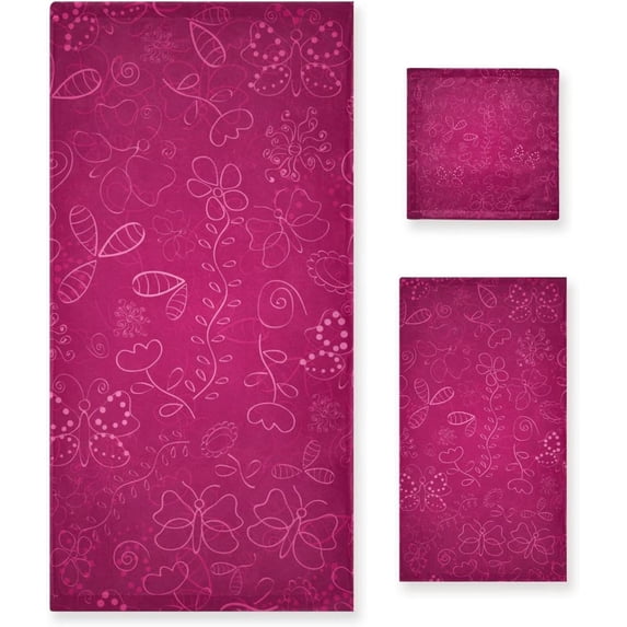 Coolnut 3 PCS Towel Dark Red Flowers Cotton Bath Towel Set (1 Bath Towel, 1 Hand Towel, 1 Washcloth) for Bathroom, Super Soft and Quick Dry Towels