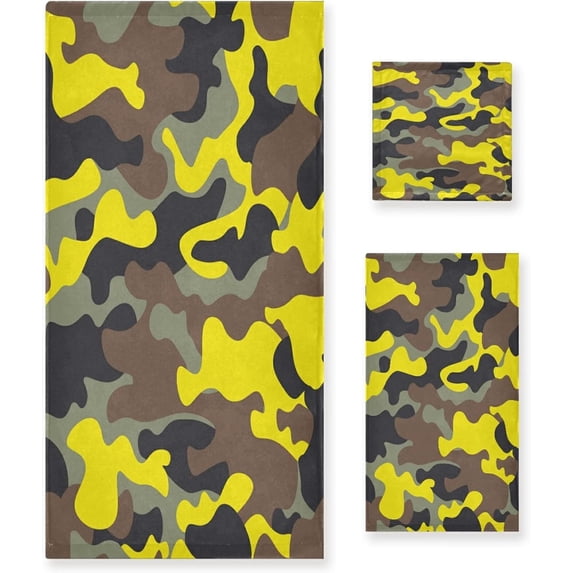 Coolnut 3 PCS Towel Fashion Yellow Brown Black Gray Camo Cotton Bath Towel Set (1 Bath Towel, 1 Hand Towel, 1 Washcloth) for Bathroom, Super Soft and Quick Dry Towels