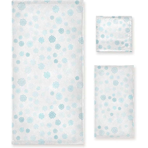 Coolnut 3 PCS Towel Light Blue Snowflakes Cotton Bath Towel Set (1 Bath Towel, 1 Hand Towel, 1 Washcloth) for Bathroom, Super Soft and Quick Dry Towels