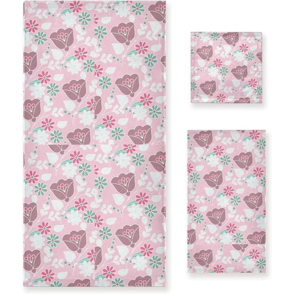 Coolnut 3 PCS Towel Pink Floral Pattern Cotton Bath Towel Set (1 Bath Towel, 1 Hand Towel, 1 Washcloth) for Bathroom, Super Soft and Quick Dry Towels