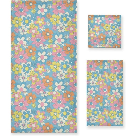 Coolnut 3 PCS Towel Rich & Colorful Flowers Cotton Bath Towel Set (1 Bath Towel, 1 Hand Towel, 1 Washcloth) for Bathroom, Super Soft and Quick Dry Towels