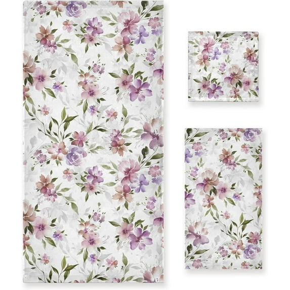 Coolnut 3 PCS Towel Understated Floral Pattern Cotton Bath Towel Set (1 Bath Towel, 1 Hand Towel, 1 Washcloth) for Bathroom, Super Soft and Quick Dry Towels