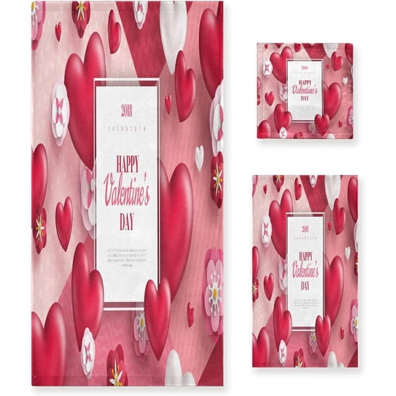 Coolnut 3 PCS Towel Valentine's Day Mother's Day Red Hearte Love Cotton Bath Towel Set (1 Bath Towel, 1 Hand Towel, 1 Washcloth) for Bathroom, Super Soft and Quick Dry Towels