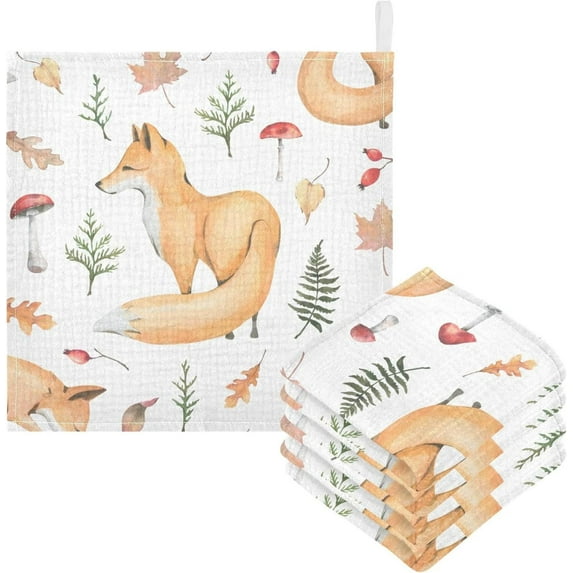 Coolnut 3 PCS Watercolor Foxes Baby Muslin Washcloths, Autumn Leaves Face Towel Burp Cloths Ultra Soft Absorbent Cotton Bath Wipes Towels for Newborn Boys Girls