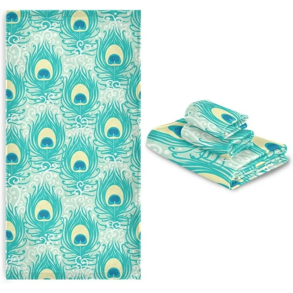 Coolnut 3 Piece Bath Towel Set, Soft Bathroom Towels Green Peacock Feathers Towels Fashion Print Quality Towels (Set of 3, 1 Bath Towel, 1 Hand Towel & 1 Washcloth) Washcloth Gift