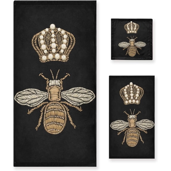 Coolnut 3 Piece Bath Towel Set, Soft Highly Absorbent Bathroom Towels Gold Bee and Crown Towels Fashion Print Quality Towels (Set of 3, 1 Bath Towel, 1 Hand Towel & 1 Washcloth) Washcloth Gift