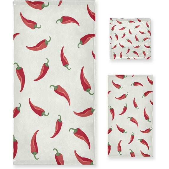 Coolnut 3 Piece Bath Towel Set, Soft Highly Absorbent Bathroom Towels Red Chili Towels Fashion Print Quality Towels (Set of 3, 1 Bath Towel, 1 Hand Towel & 1 Washcloth) Washcloth Gift