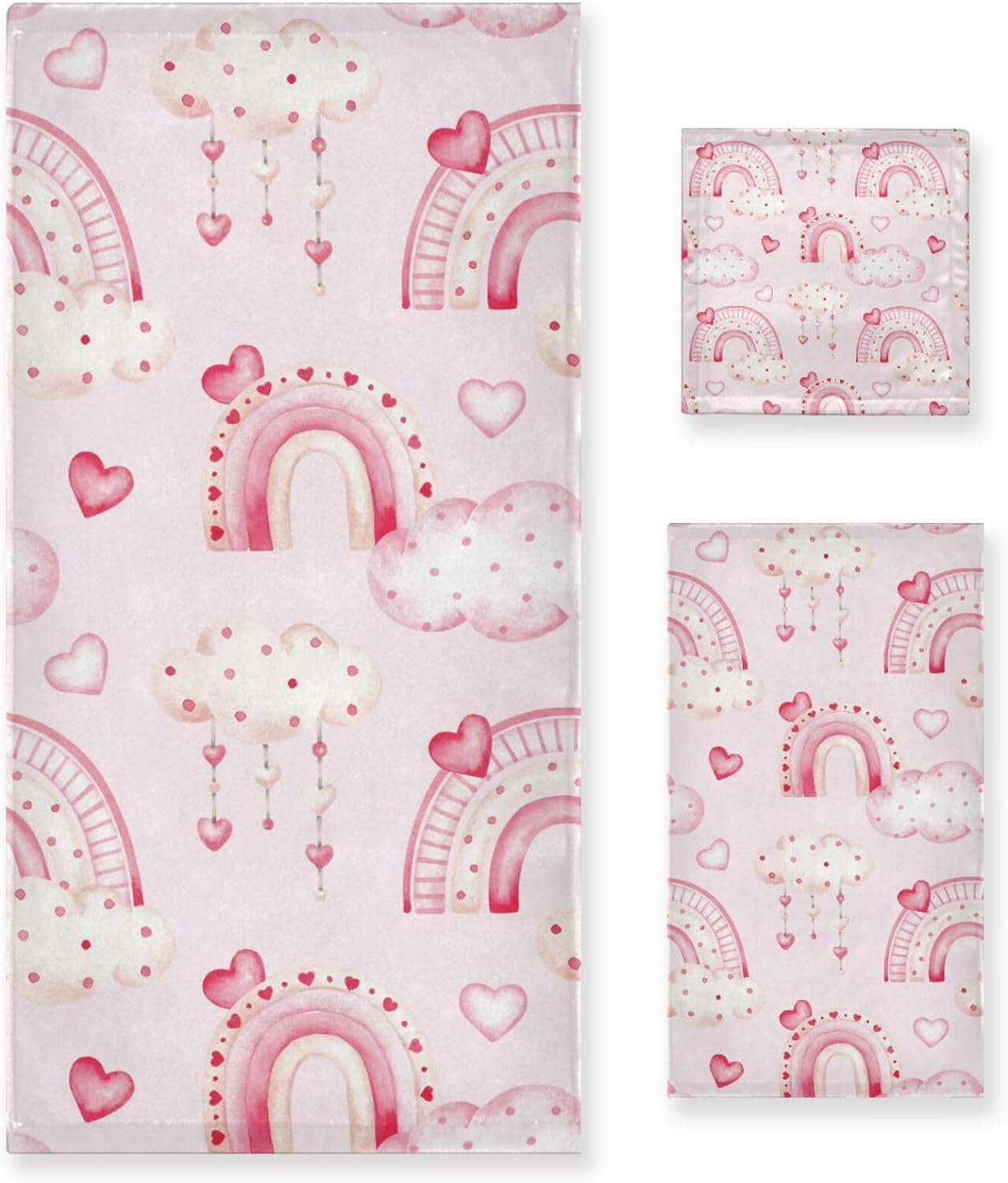 Coolnut 3Piece Valentine's Day Heart Rainbow Towel Set, Absorbent Soft