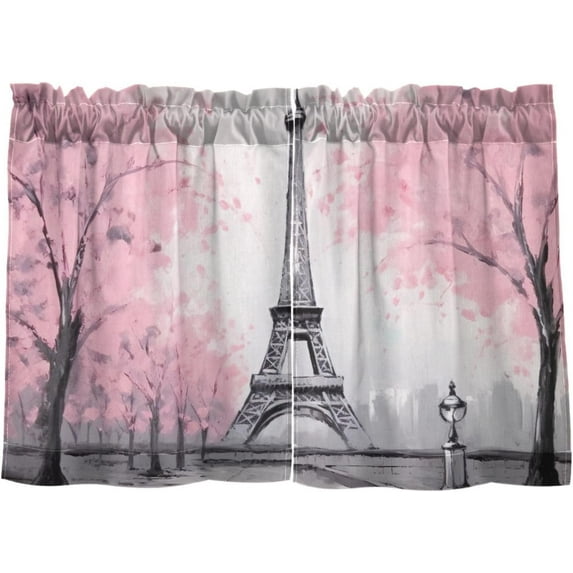 Coolnut 36 Inch Length Kitchen Curtains Paris Eiffel Tower 2 Panels Half Window Sheer Curtains Rod Pocket Farmhouse Short Drapes for Bathroom Cafe Basement Home Decor