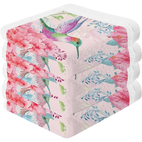 Coolnut 4 PCS Cotton Washcloths Towel Set, Highly Absorbent & Soft Baby Wash Cloths, 12"x 12" Face Hand Towels for Bathroom, Multi-Purpose Fingertip Towels (Flowers Hummingbirds)