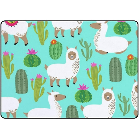 Coolnut 5'3" x 4' (63 x 48 in) Area Rug, Alpaca and Green Cactus Nursery Rug Floor Mat Kids Playing Mat for Living Room Bedroom