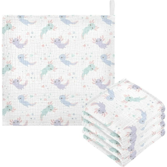 Coolnut 5 PCS Axolotl Pattern Baby Muslin Washcloths, Cute Face Towel Burp Cloths Ultrasoft Absorbent Cotton Bath Wipes Towels for Newborn Boys Girls