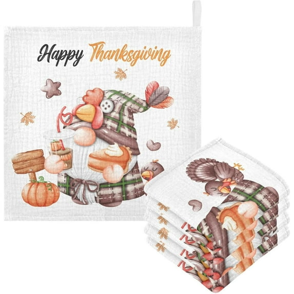 Coolnut 5 PCS Cute Gnome Pumpkin Turkey Baby Muslin Washcloths, Autumn Maple Face Towel Burp Cloths Ultrasoft Absorbent Cotton Bath Wipes Towels for Newborn Boys Girls
