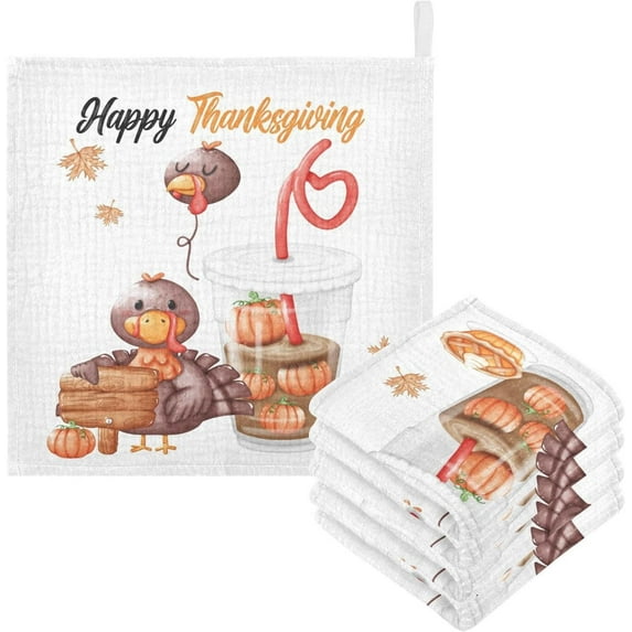 Coolnut 5 PCS Cute Turkey Coffee Pumpkin Baby Muslin Washcloths, Autumn Face Towel Burp Cloths Ultrasoft Absorbent Cotton Bath Wipes Towels for Newborn Boys Girls