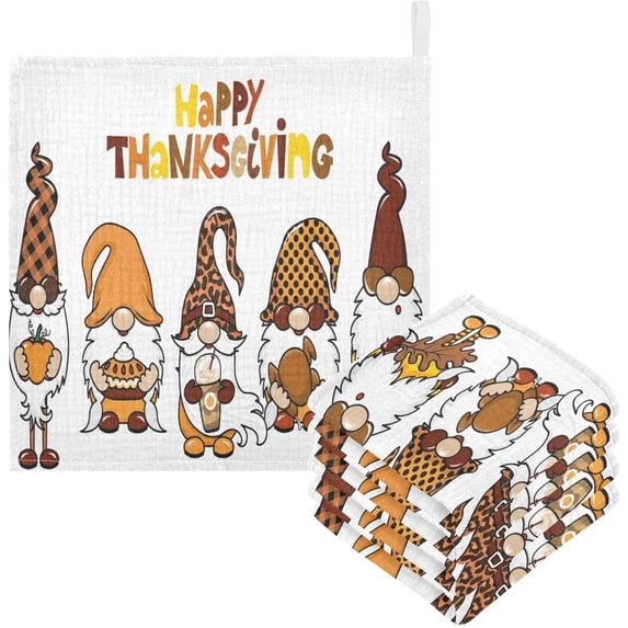 Coolnut 5 PCS Happy Thanksgiving Gnomes Baby Muslin Washcloths, Face Towel Burp Cloths Ultrasoft Absorbent Cotton Bath Wipes Towels for Newborn Boys Girls