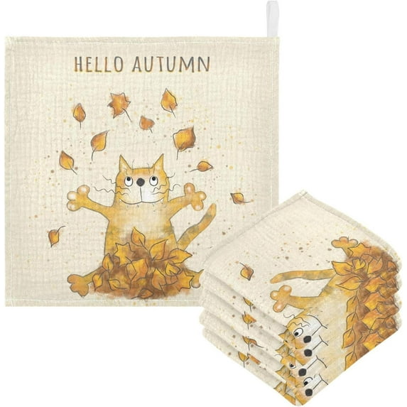 Coolnut 5 PCS Hello Autumn Baby Muslin Washcloths, Cute Ginger Cat Face Towel Burp Cloths Ultrasoft Absorbent Cotton Bath Wipes Towels for Newborn Boys Girls