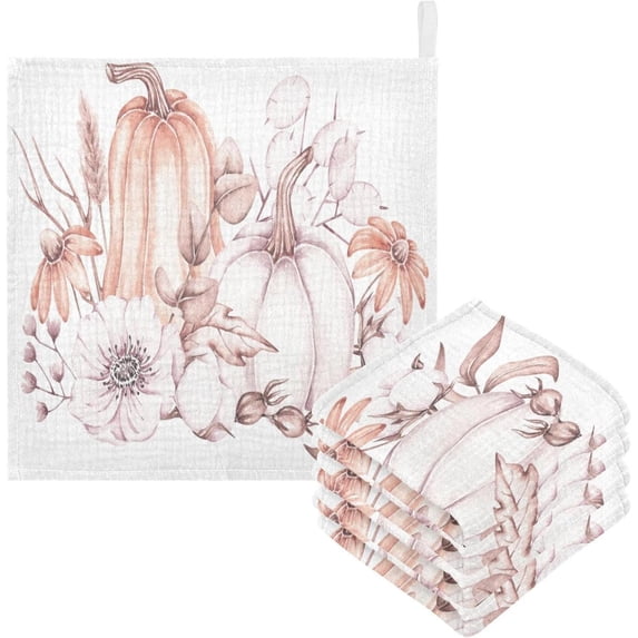 Coolnut 5 PCS Pink Pumpkins Autumn Baby Muslin Washcloths, Watercolor Fall Flowers Face Towel Burp Cloths Ultrasoft Absorbent Cotton Bath Wipes Towels for Newborn Boys Girls